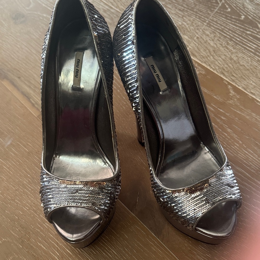 Miu Miu Glittering Silver Peep-Toe Heels